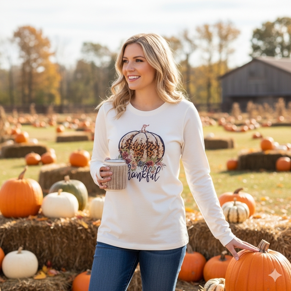 Cream/Cheetah Pumpkin Long Sleeve Thankful Fall Tee Relaxed Fit